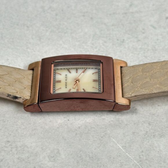 Anne Klein Watch Womens 20mm Rectangle Brown Bronze Tone MOP Dial New Battery - Picture 2 of 12